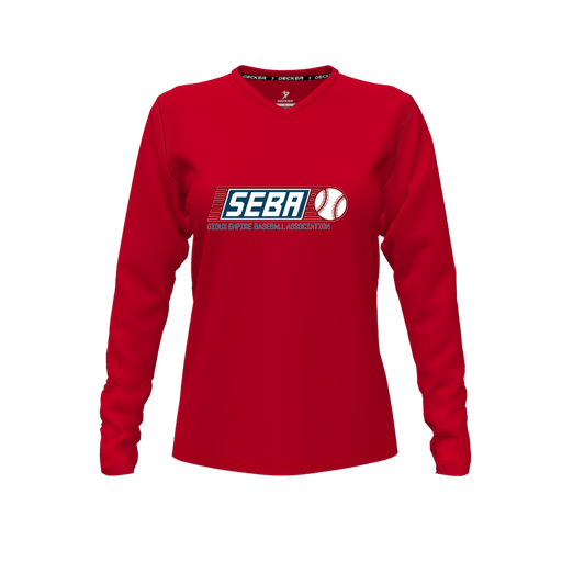 [CUS-DFW-TEES-CMF-VNK-LSL-RED-FYXS-LOGO1] Decker Comfort T-Shirt (Female Youth XS, Red, V Neck, Logo 1, Long Sleeve)