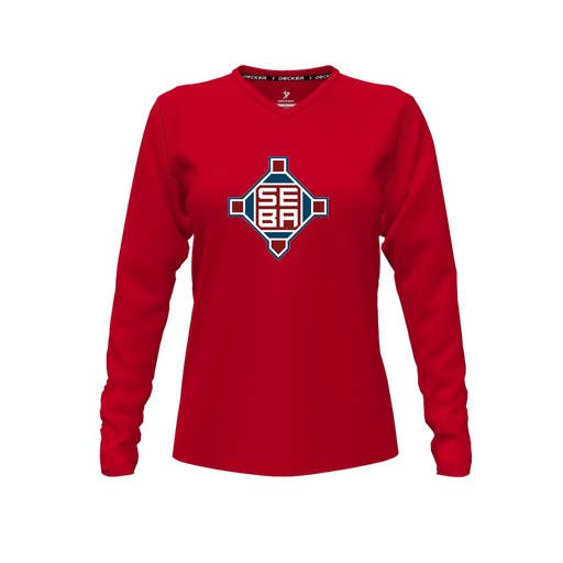 [CUS-DFW-TEES-PER-VNK-LSL-RED-FYXS-LOGO2] Decker Performance T-Shirt (Female Youth XS, Red, V Neck, Logo 2, Long Sleeve)
